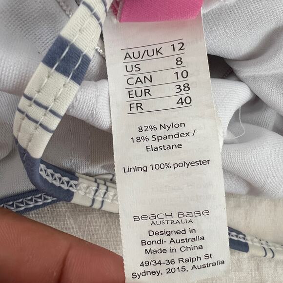 BEACH BABE AUSTRALIA Striped White & Blue One Piece Swimsuit Size 8 - Picture 6 of 8